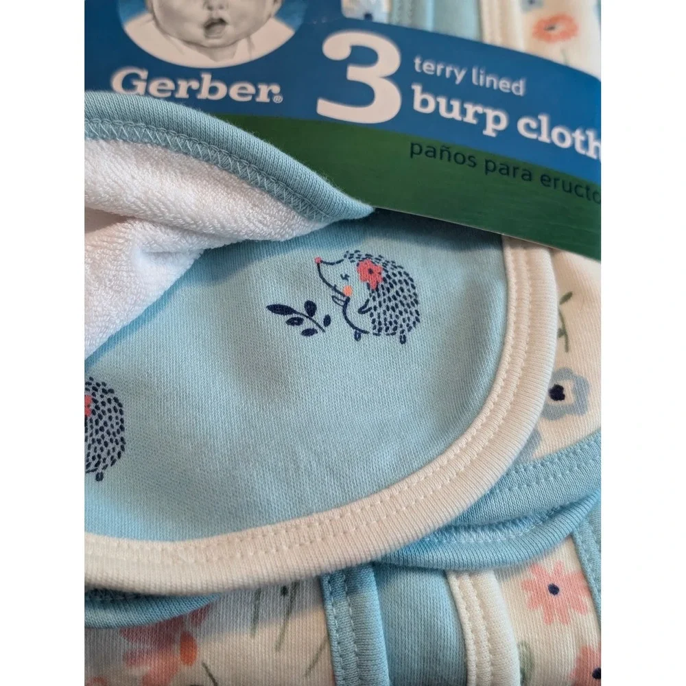 Gerber 3 Pack Terry Lined Cotton Burp Cloths Peach Blue Floral Hedgehog 7.5x19